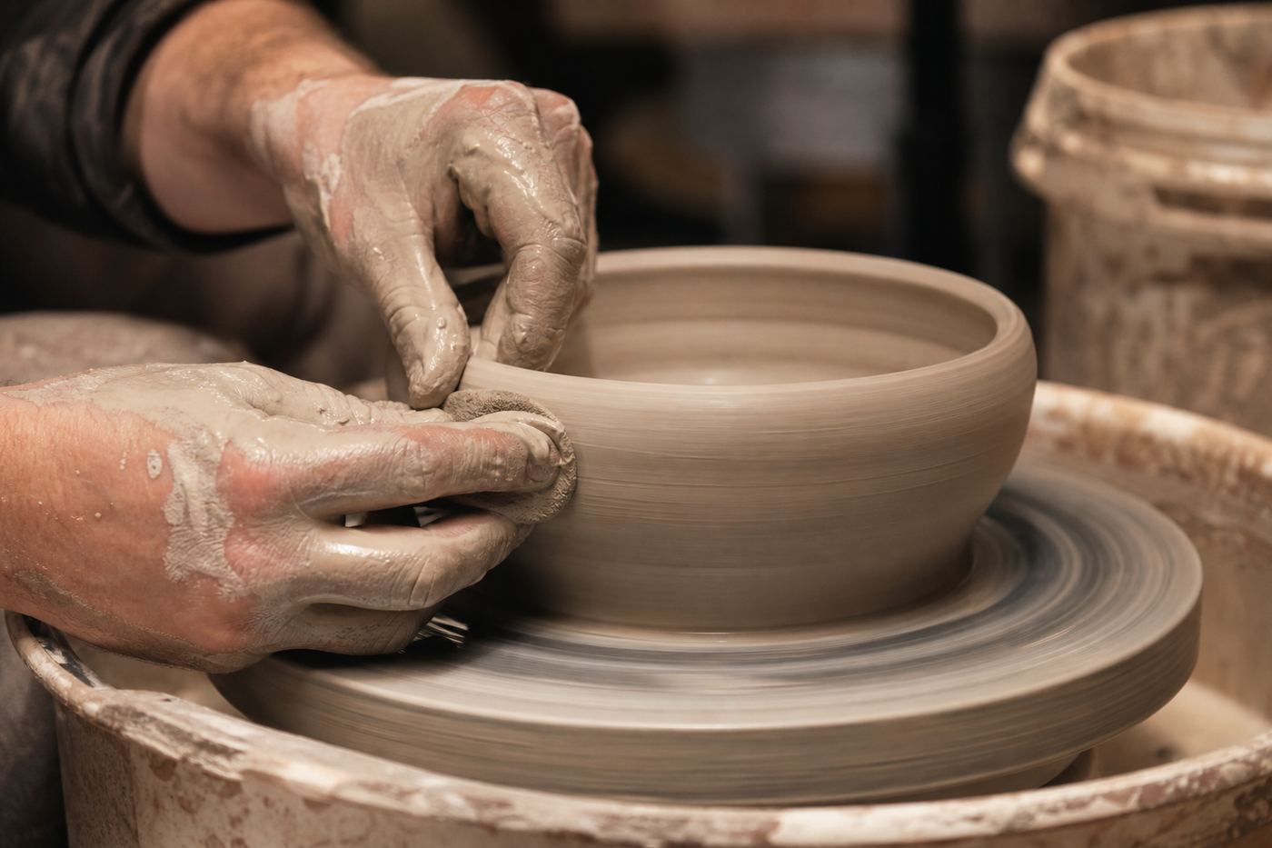 Hands shaping clay on a pottery wheel